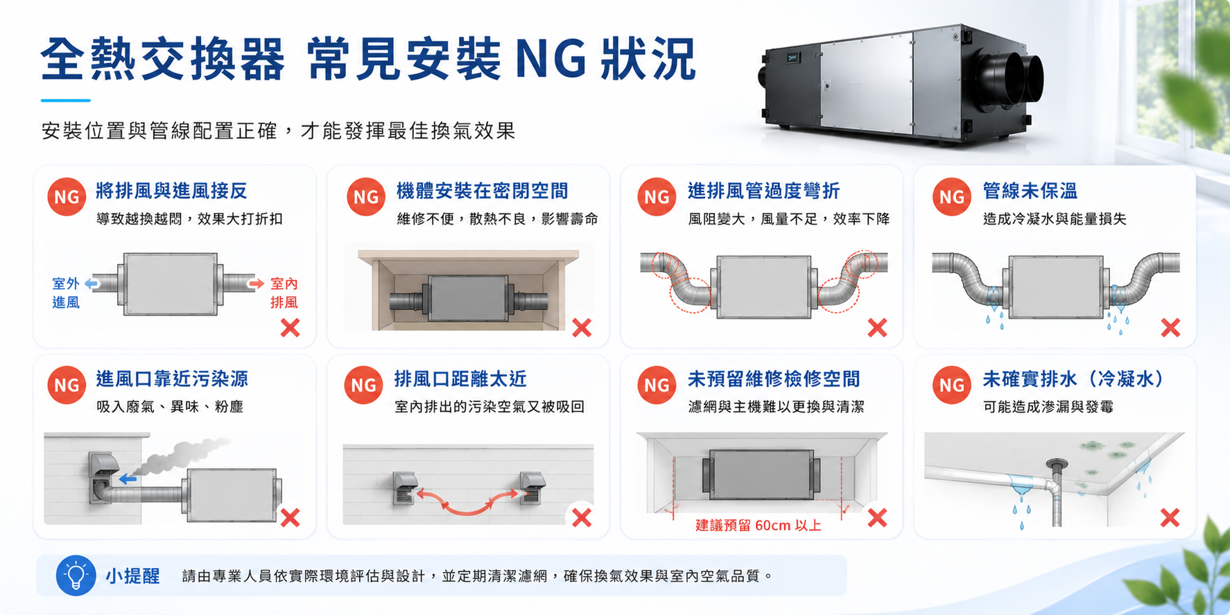全熱交換器常見安裝NG狀況,進排風、管線、保溫、檢修與排水錯誤示意