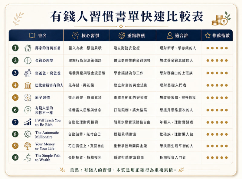 有錢人習慣書單比較表
